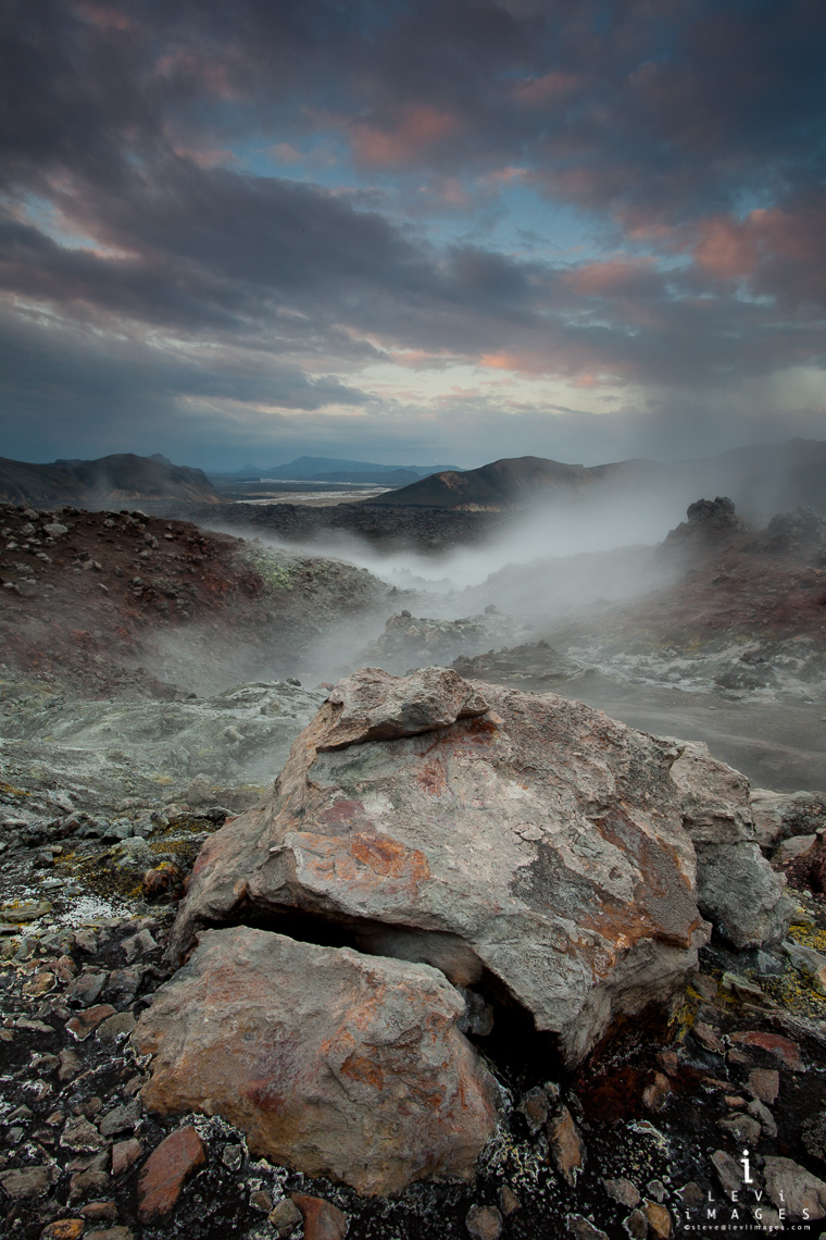 Blahnukur steam vent at sunrise. Landmannalaugar, Iceland