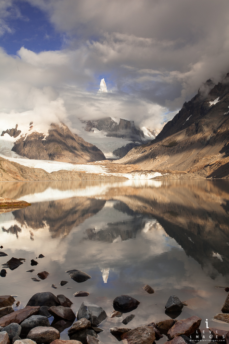 Cerro Torre mountain reflected in glacier pond, Patagonia, Argentina